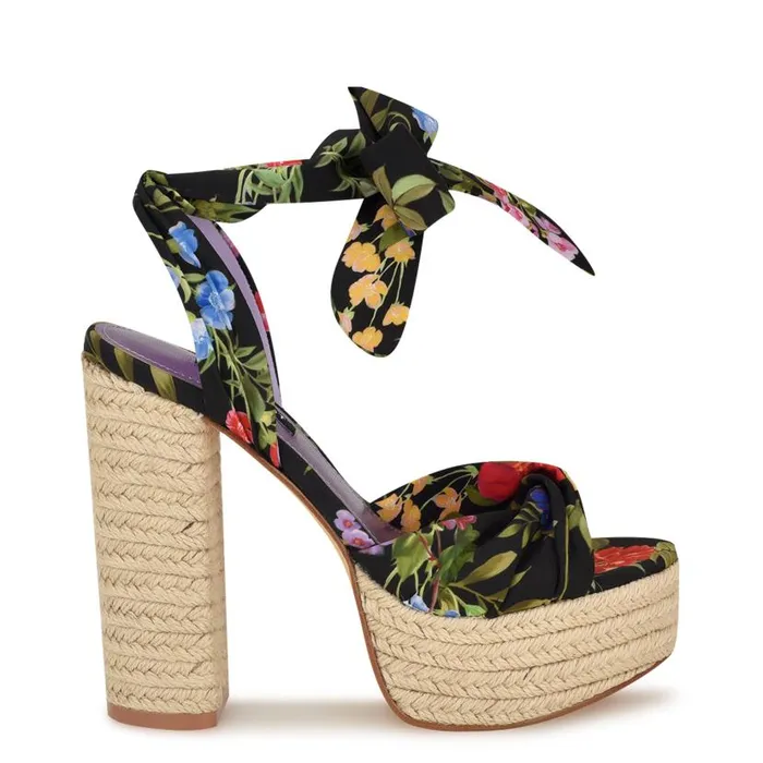 Gertha Platform Espadrille Sandals Black Floral Women Nine West Sandals