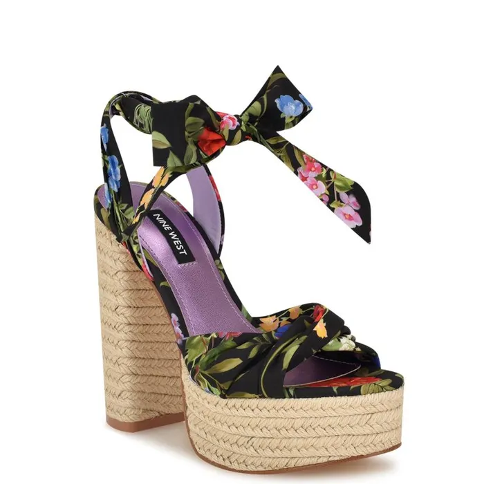 Gertha Platform Espadrille Sandals Black Floral Women Nine West Sandals