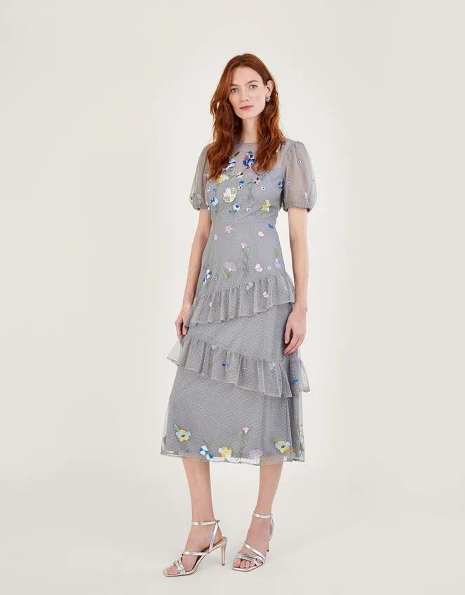 Gwendolyn Embroidered Tiered Midi Dress Grey Women Monsoon Occasionwear