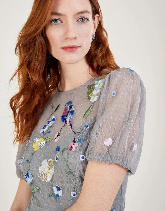 Gwendolyn Embroidered Tiered Midi Dress Grey Women Monsoon Occasionwear