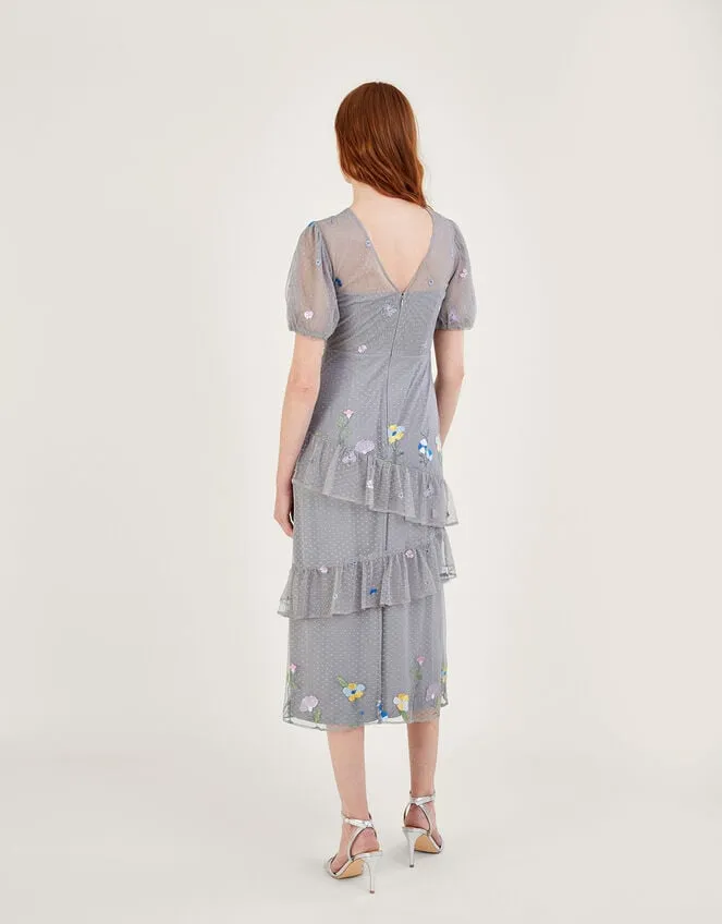 Gwendolyn Embroidered Tiered Midi Dress Grey Women Monsoon Occasionwear