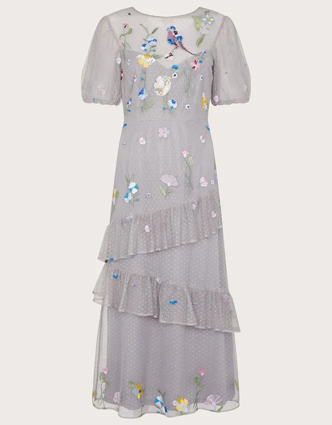 Gwendolyn Embroidered Tiered Midi Dress Grey Women Monsoon Occasionwear
