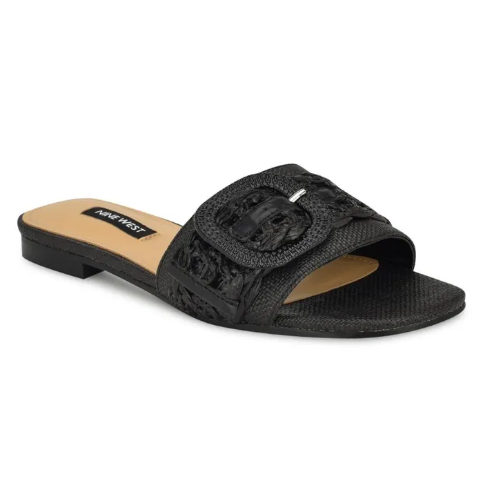Hagleigh Flat Slide Sandals Black Raffia Women Nine West Sandals