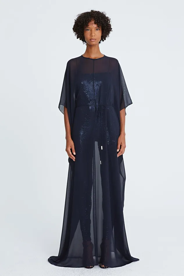 Halston Aj Chiffon Caftan With Jumpsuit Navy Women Jumpsuits