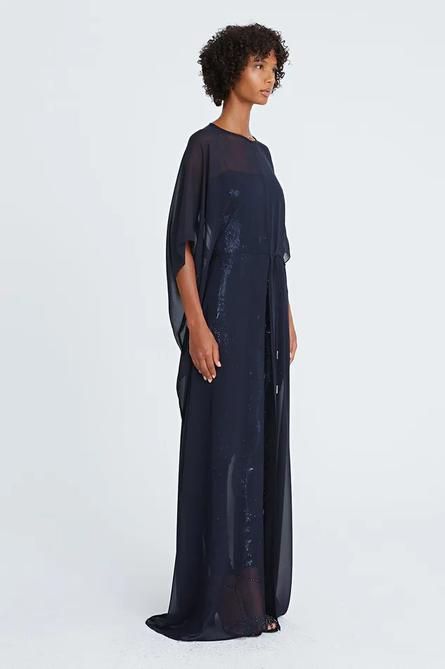 Halston Aj Chiffon Caftan With Jumpsuit Navy Women Jumpsuits