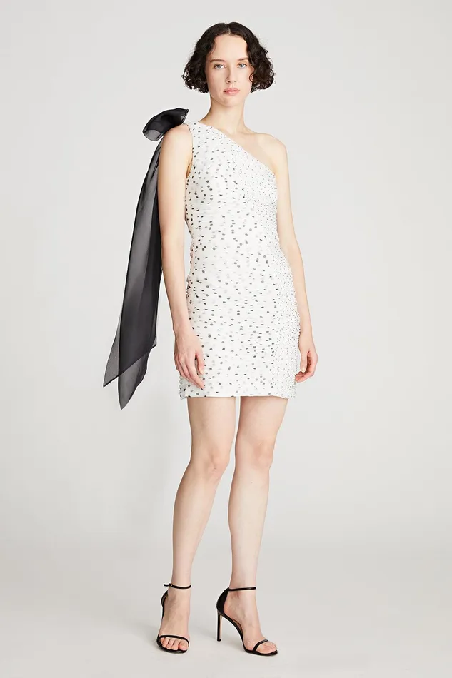Halston Analise Dress In Micro Dot Chalk Black Women Cocktail Dresses