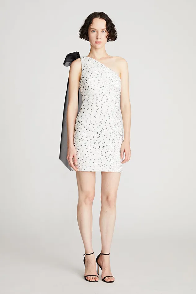 Halston Analise Dress In Micro Dot Chalk Black Women Cocktail Dresses