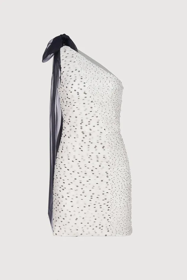 Halston Analise Dress In Micro Dot Chalk Black Women Cocktail Dresses