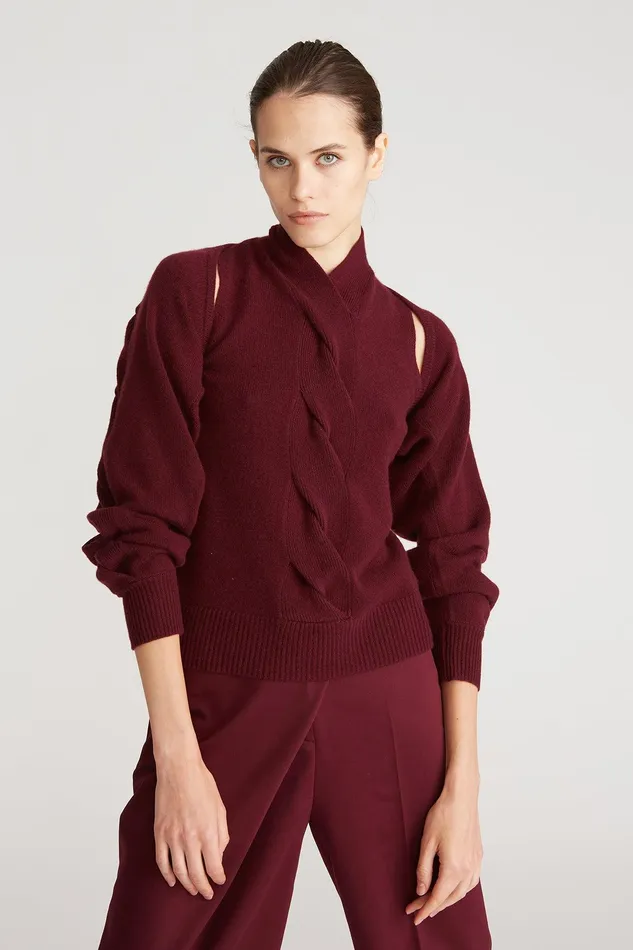 Halston Auden Wool Cash Cable Shrug Merlot Women Knitwear