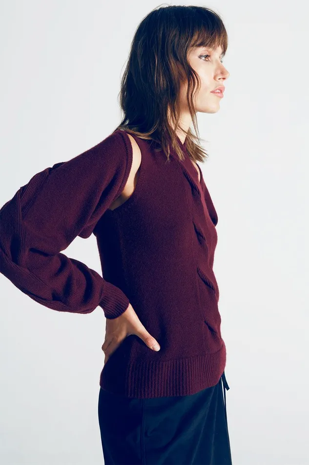 Halston Auden Wool Cash Cable Shrug Merlot Women Knitwear