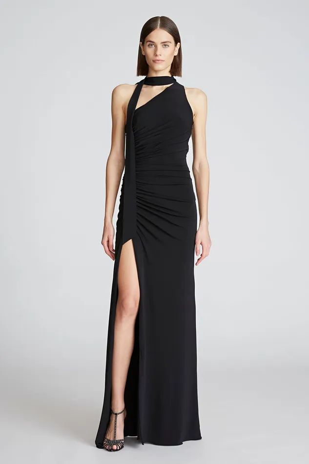 Halston Audrie Gown In Jersey Black Women Black Dresses