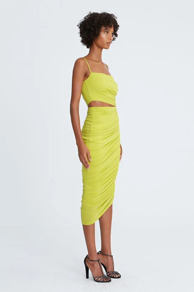 Halston Averie Jersey Draped Cocktail Sulfur Women Midi Dresses Halston Averie Jersey Draped Cocktail Sulfur Women Midi Dresses