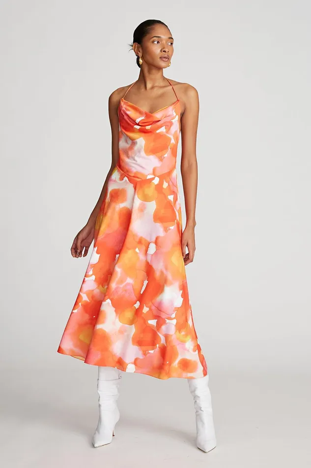 Halston Avni Dress In Crepe De Chine Sunset Watercolor Print Women Midi Dresses