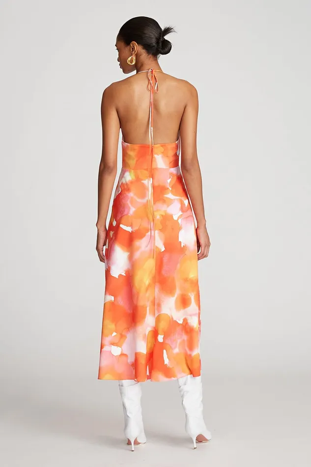 Halston Avni Dress In Crepe De Chine Sunset Watercolor Print Women Midi Dresses Halston Avni Dress In Crepe De Chine Sunset Watercolor Print Women Midi Dresses