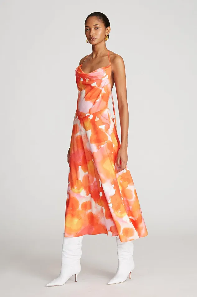Halston Avni Dress In Crepe De Chine Sunset Watercolor Print Women Midi Dresses Halston Avni Dress In Crepe De Chine Sunset Watercolor Print Women Midi Dresses