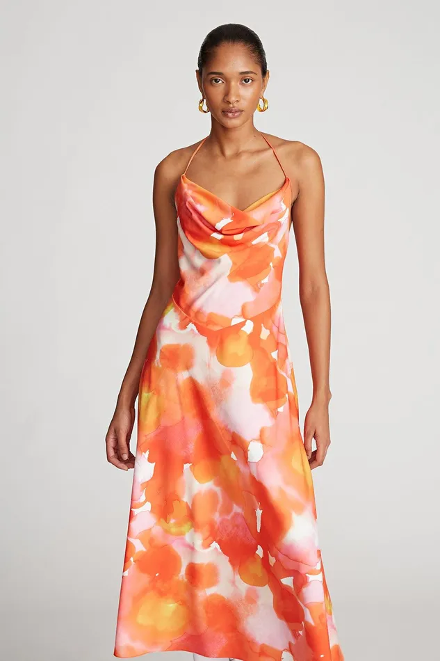 Halston Avni Dress In Crepe De Chine Sunset Watercolor Print Women Midi Dresses Halston Avni Dress In Crepe De Chine Sunset Watercolor Print Women Midi Dresses