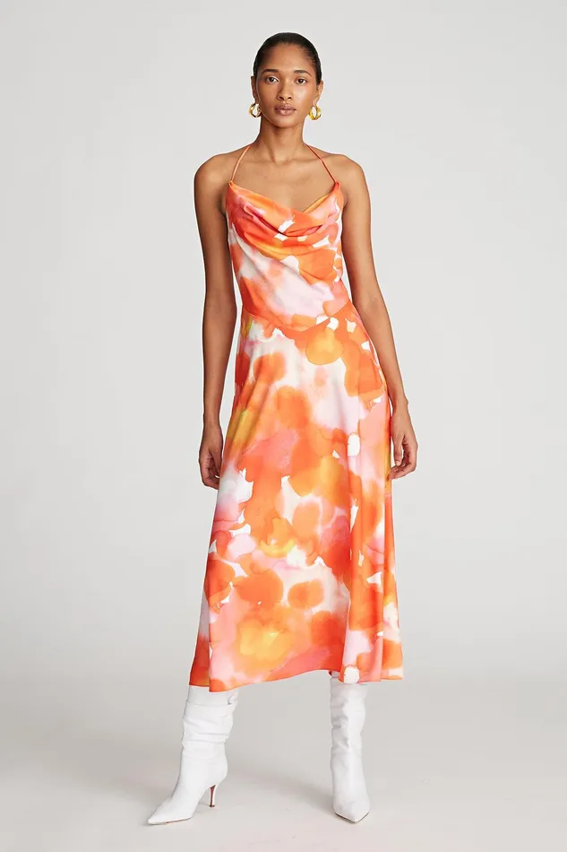 Halston Avni Dress In Crepe De Chine Sunset Watercolor Print Women Midi Dresses Halston Avni Dress In Crepe De Chine Sunset Watercolor Print Women Midi Dresses