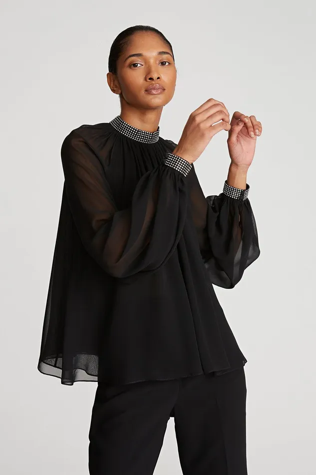 Halston Ayla Top In Chiffon Black Women Tops