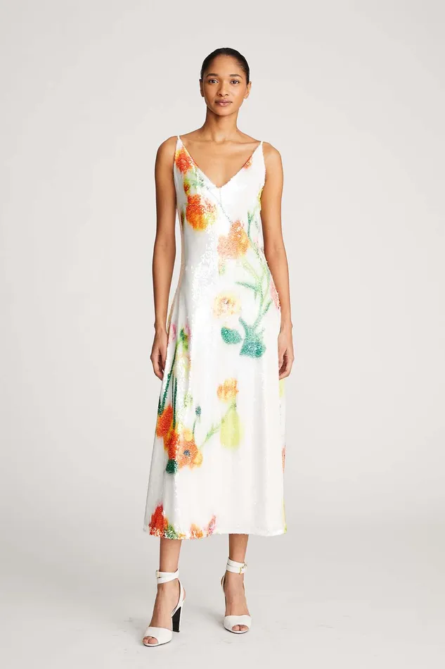 Halston Caralyn Dress In Floral Sequin Chalk Blurred Floral Women Cocktail Dresses