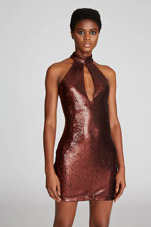 Halston Celo Dress In Sequins Russet Women Mini Dresses Halston Celo Dress In Sequins Russet Women Mini Dresses