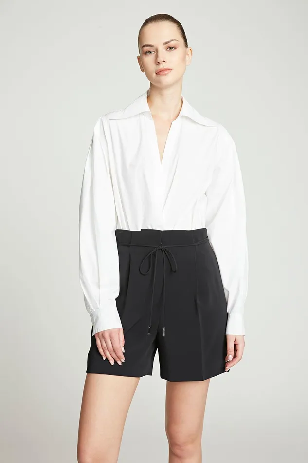 Halston Corey Cotton Shirting Bodysuit Chalk Women Tops