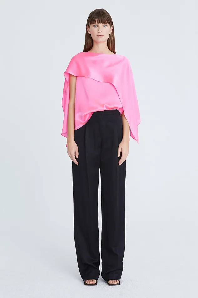 Halston Dahlia Charmeuse Draped Top Neon Pink Women Tops