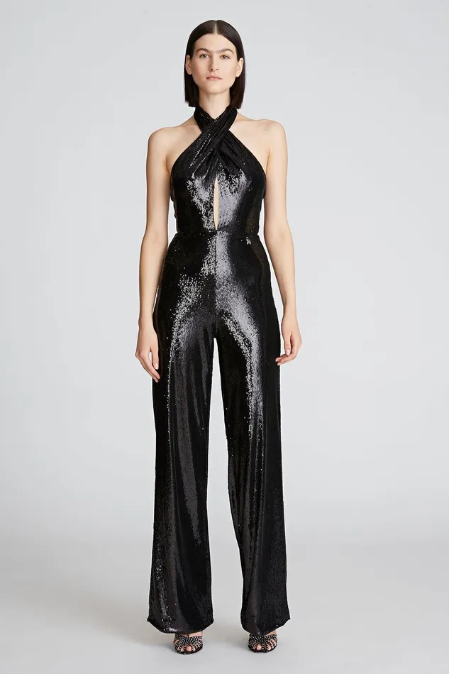 Halston Danielle Jumpsuit In Sequins Black Women Jumpsuits