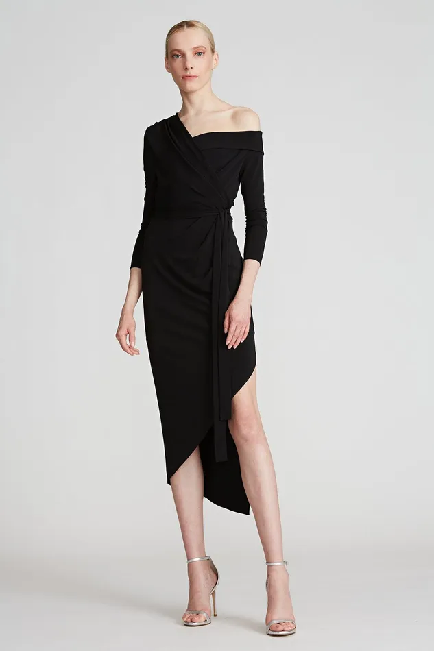 Halston Eden Jersey Dress Jet Black Women Midi Dresses