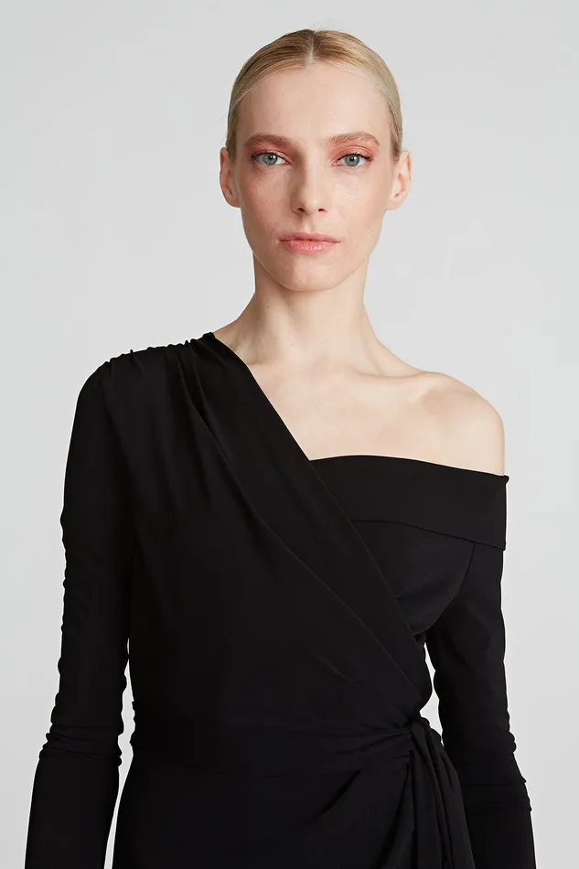 Halston Eden Jersey Dress Jet Black Women Midi Dresses