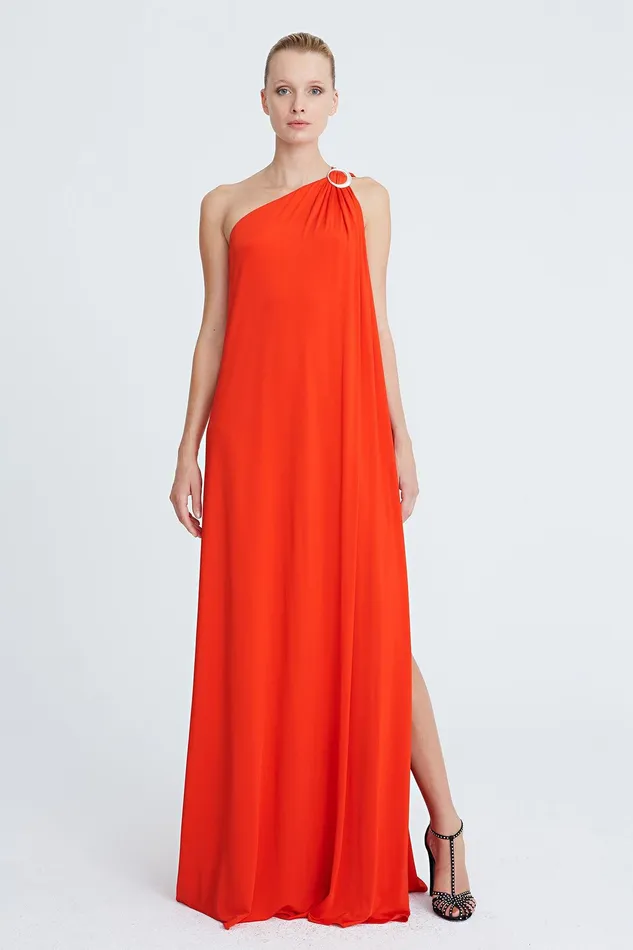 Halston Elyce Jersey One Shoulder Gown Vermillion Women Evening Gowns