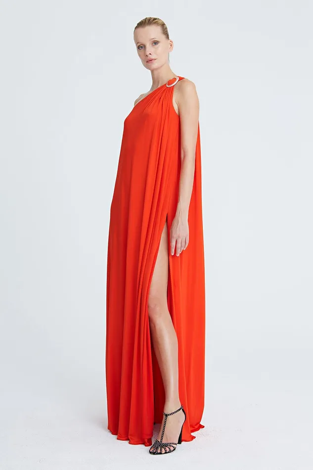 Halston Elyce Jersey One Shoulder Gown Vermillion Women Evening Gowns Halston Elyce Jersey One Shoulder Gown Vermillion Women Evening Gowns