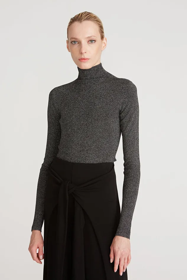 Halston Fai Lurex Turtleneck Sweater Black Silver Women Knitwear
