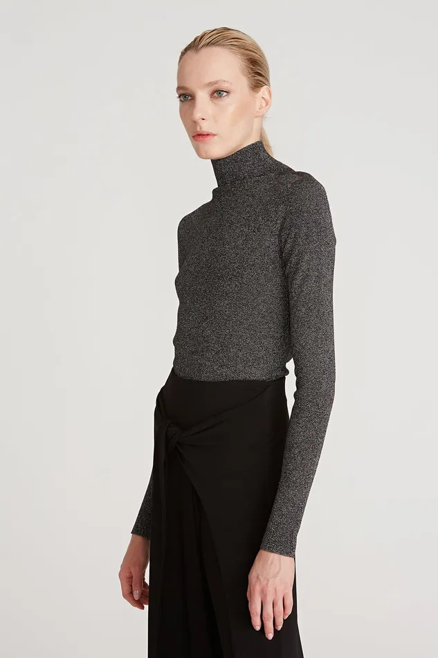 Halston Fai Lurex Turtleneck Sweater Black Silver Women Knitwear Halston Fai Lurex Turtleneck Sweater Black Silver Women Knitwear