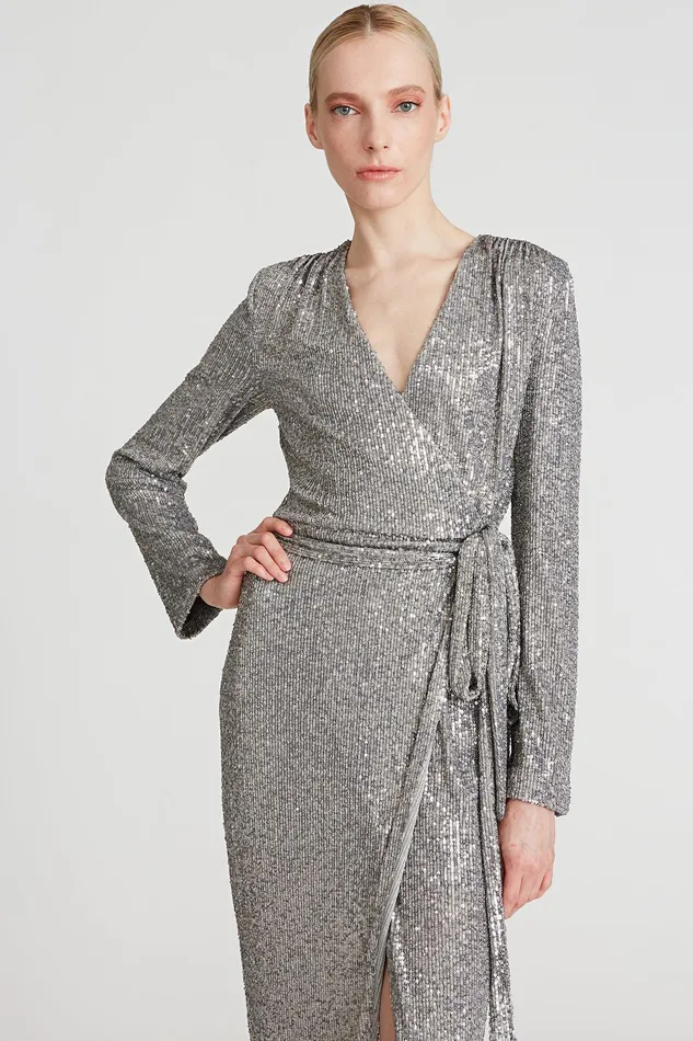 Halston Falan Sequin Cocktail Dress Dark Silver Women Midi Dresses Halston Falan Sequin Cocktail Dress Dark Silver Women Midi Dresses