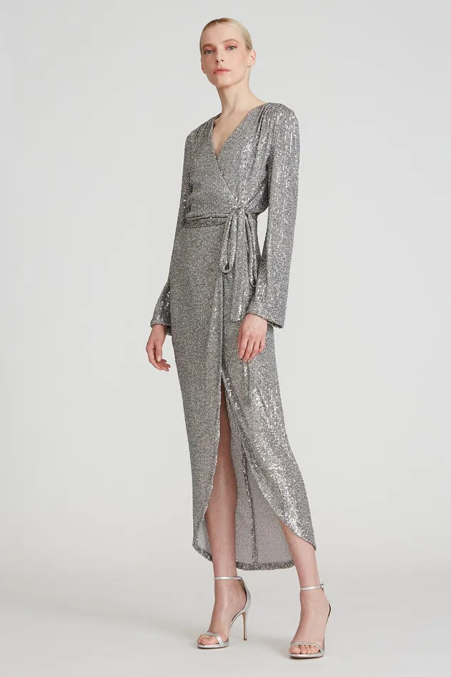 Halston Falan Sequin Cocktail Dress Dark Silver Women Midi Dresses Halston Falan Sequin Cocktail Dress Dark Silver Women Midi Dresses