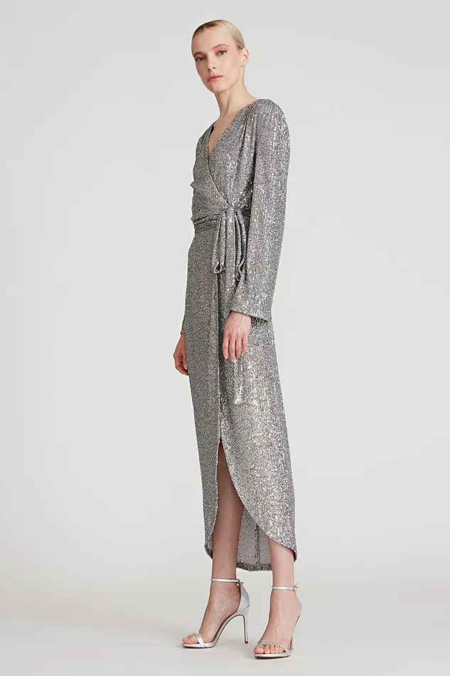 Halston Falan Sequin Cocktail Dress Dark Silver Women Midi Dresses Halston Falan Sequin Cocktail Dress Dark Silver Women Midi Dresses