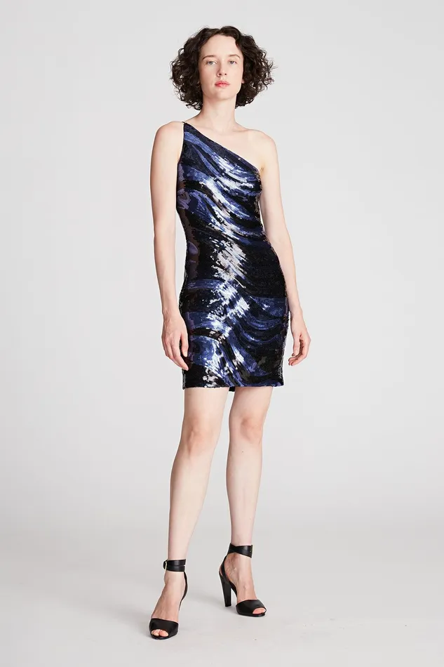 Halston Gabriella Dress In Sequins Twilight Color Block Women Mini Dresses