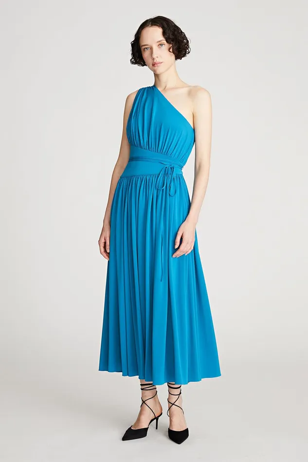 Halston Idalia Dress In Stretch Jersey Peacock Women Midi Dresses