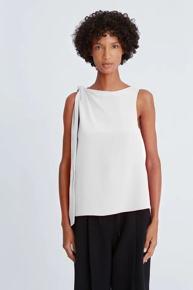 Halston Iliana Crepe Draped Top Chalk Women Tops