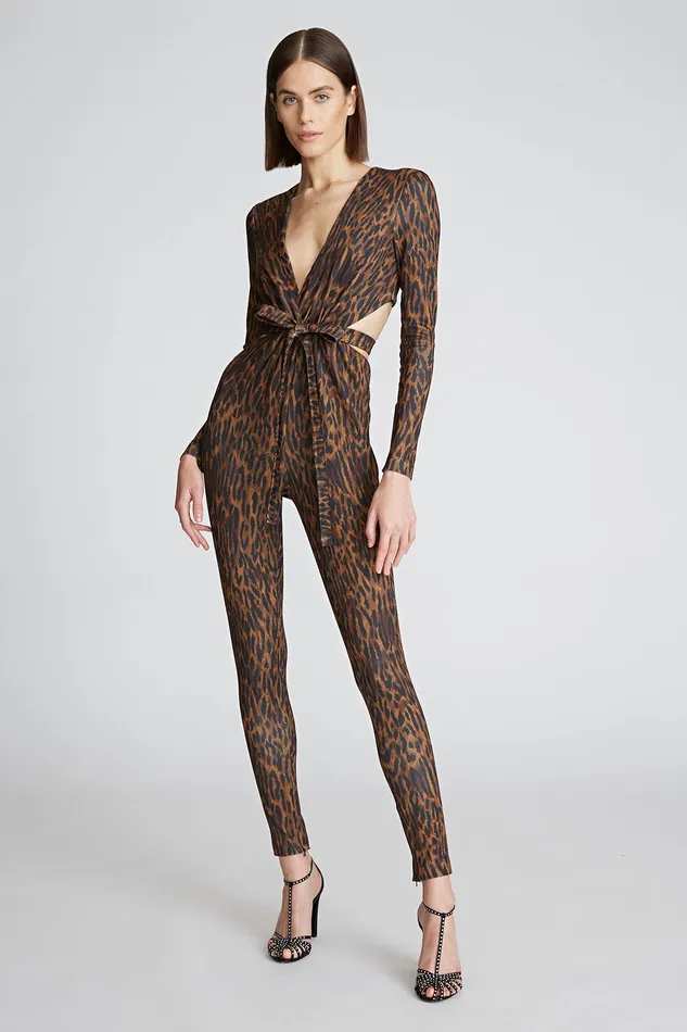 Halston Jada Catsuit In Leopard Scuba Leopard Print Women Jumpsuits