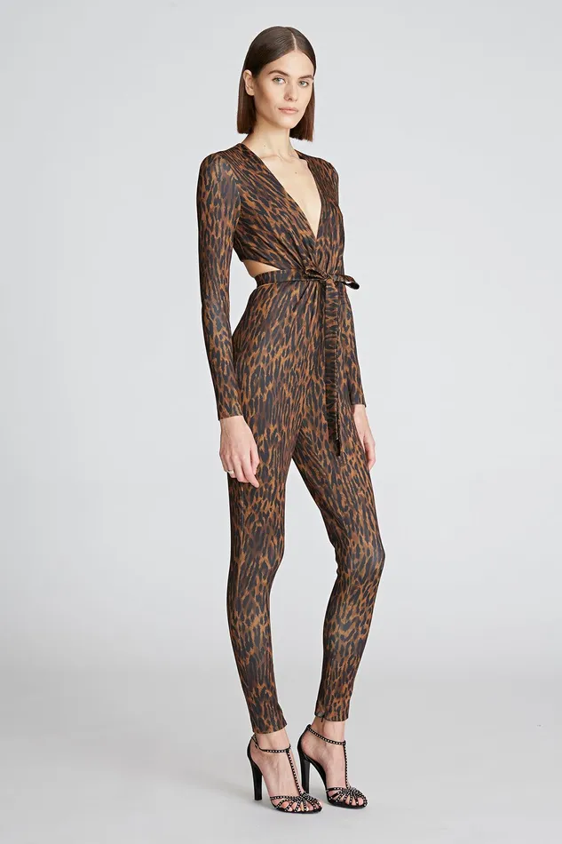 Halston Jada Catsuit In Leopard Scuba Leopard Print Women Jumpsuits