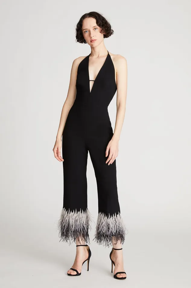 Halston Kaitlyn Jumpsuit In Moss Crepe Black Women Jumpsuits