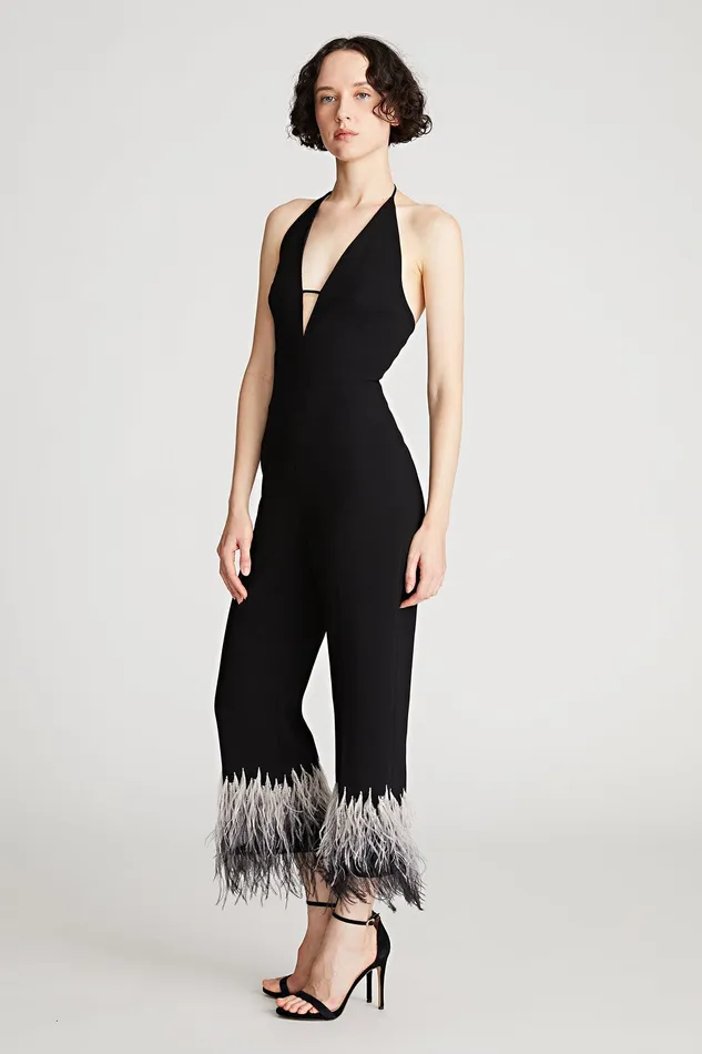 Halston Kaitlyn Jumpsuit In Moss Crepe Black Women Jumpsuits Halston Kaitlyn Jumpsuit In Moss Crepe Black Women Jumpsuits
