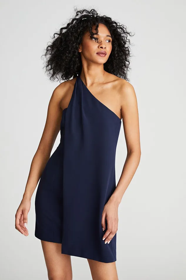 Halston Kalia Dress In Stretch Crepe Navy Women Cocktail Dresses
