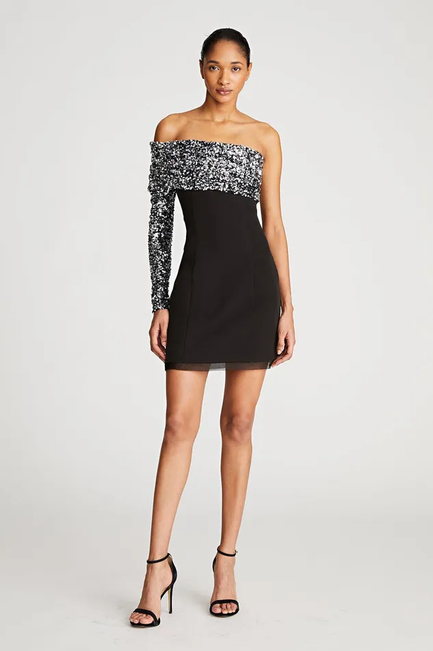 Halston Karlyn Dress In Crepe and Sequin Black Silver Women Black Dresses
