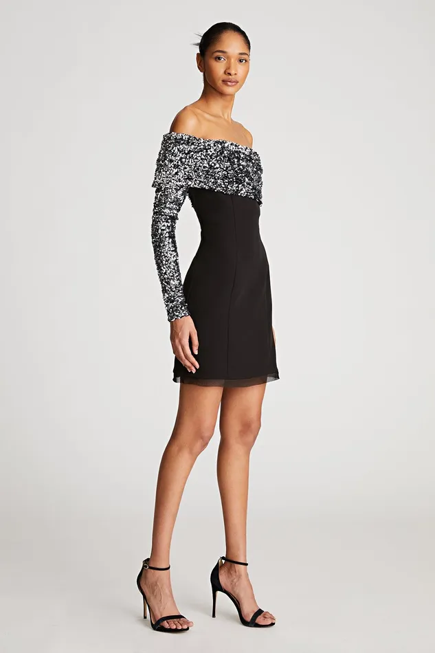 Halston Karlyn Dress In Crepe and Sequin Black Silver Women Black Dresses