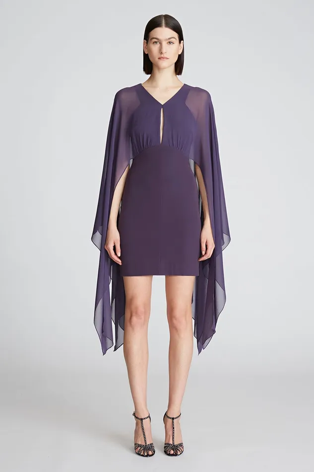 Halston Kennedy Dress In Crepe And Chiffon Eggplant Women Mini Dresses