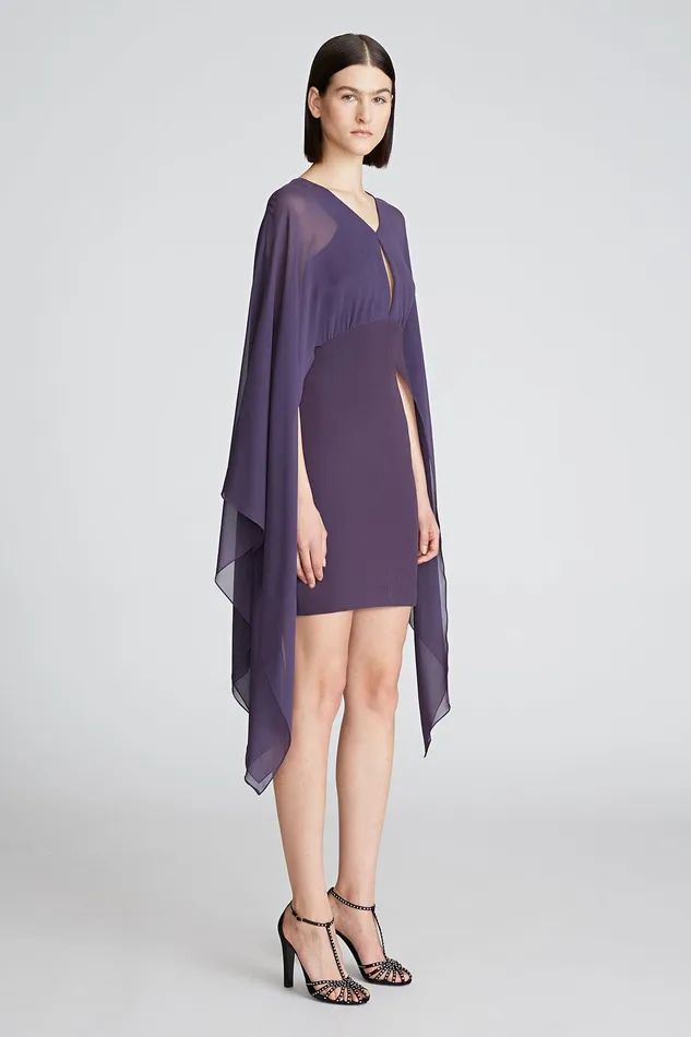 Halston Kennedy Dress In Crepe And Chiffon Eggplant Women Mini Dresses Halston Kennedy Dress In Crepe And Chiffon Eggplant Women Mini Dresses