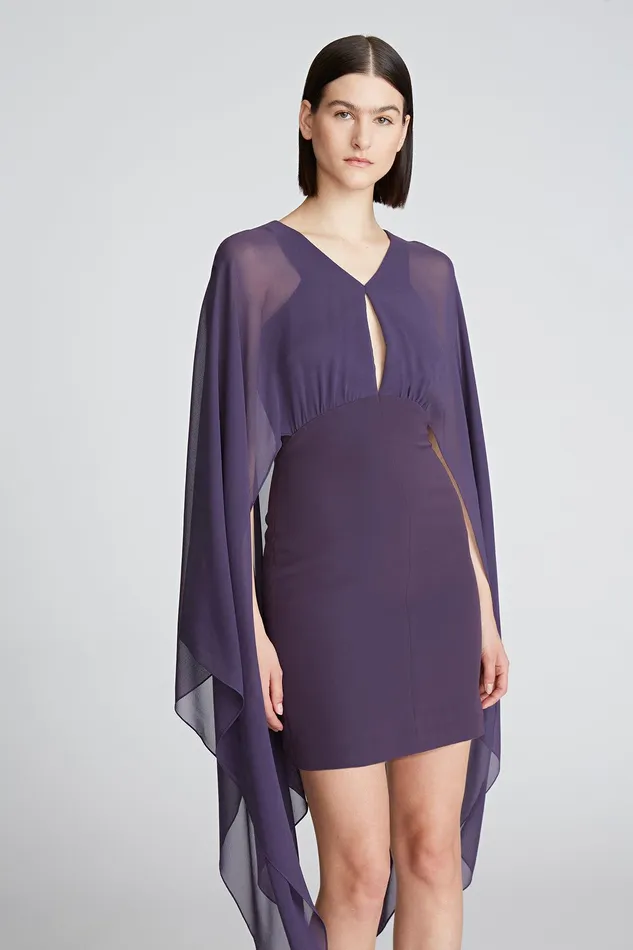 Halston Kennedy Dress In Crepe And Chiffon Eggplant Women Mini Dresses Halston Kennedy Dress In Crepe And Chiffon Eggplant Women Mini Dresses