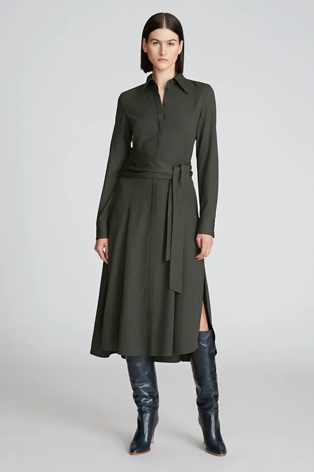 Halston Kori Dress In Viscose Wool Forest Women Midi Dresses